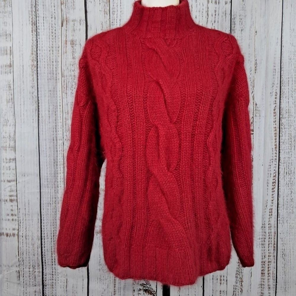 Vintage EXPRESS TRICOT S Red‎ Cable Knit Sweater Mock Neck Angora Blend Chunky